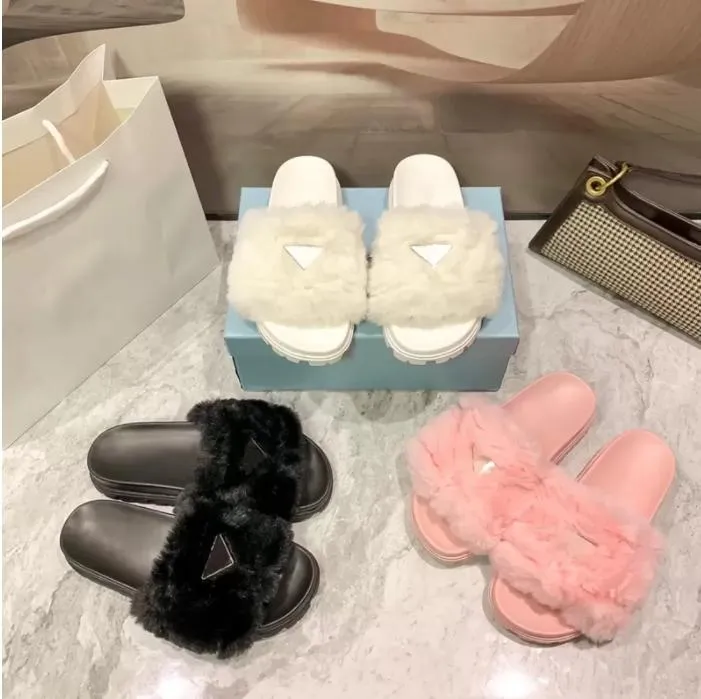 صندل العلامة التجارية Dupe AAAAA Fur Sliders Women Slippers Crossover Black White Ladies Sandal Fuzzy Shoe 36-40 with Box 02