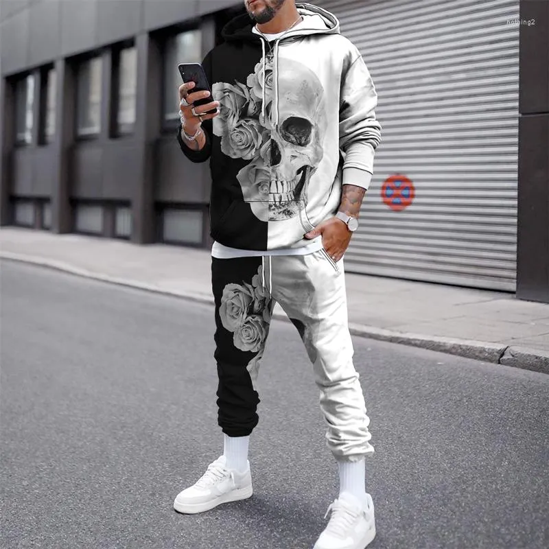 Skull 3D Printed Mens Graphic Tracksuit Set Casual Hoodies And