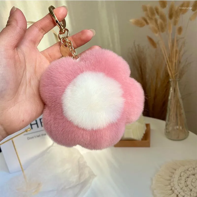 Keychains Lively Real Rex Fur Sunflower Pendant Keychain Fluffy Cute Key Chain Women Trinket Accessories Gift Toys Bag Ornament
