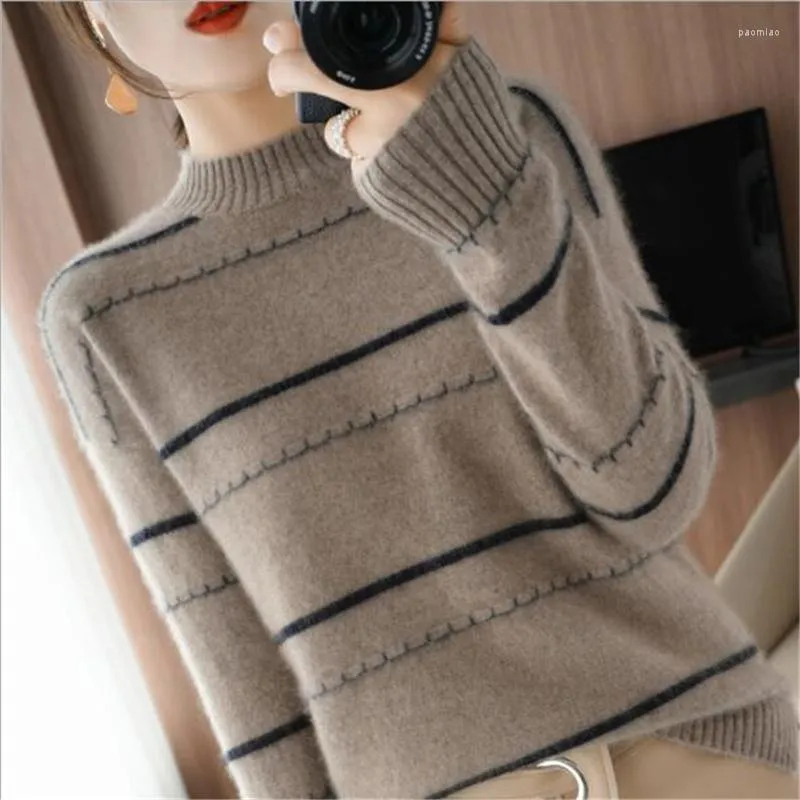 Женские свитеры наполовину водонекабку Женщина -вязаная пуловерная мода Стрип с длинным рукавом коричневый свитер.