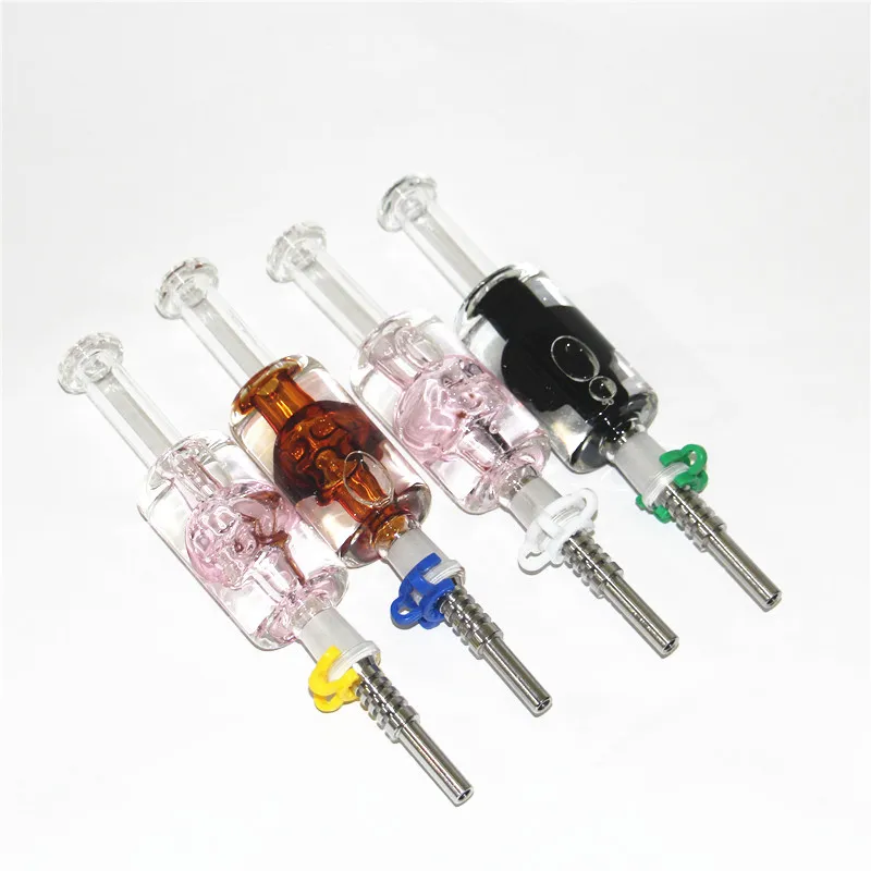 Smoking Skull Glycerin Nectar Glass Pipes with 14mm Stainless Steel Tips Quartz Tip Oil Rig Concentrate Dab Straw for Glass Bong