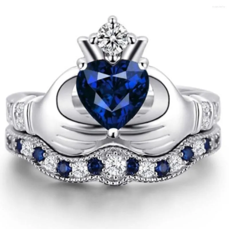 Wedding Rings Dorvey Fashion Kingdom Double Layer Blue Heart Crown Hearts Handring met groothandel sieraden voor vrouwenaccessoires