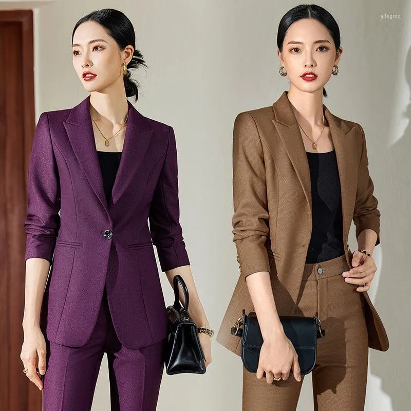 Women's Two Piece Pants Autumn And Winter Long-Sleeved Purple Work Uniforms Blue Formal Wear Two-Piece Set Office Lady Suit