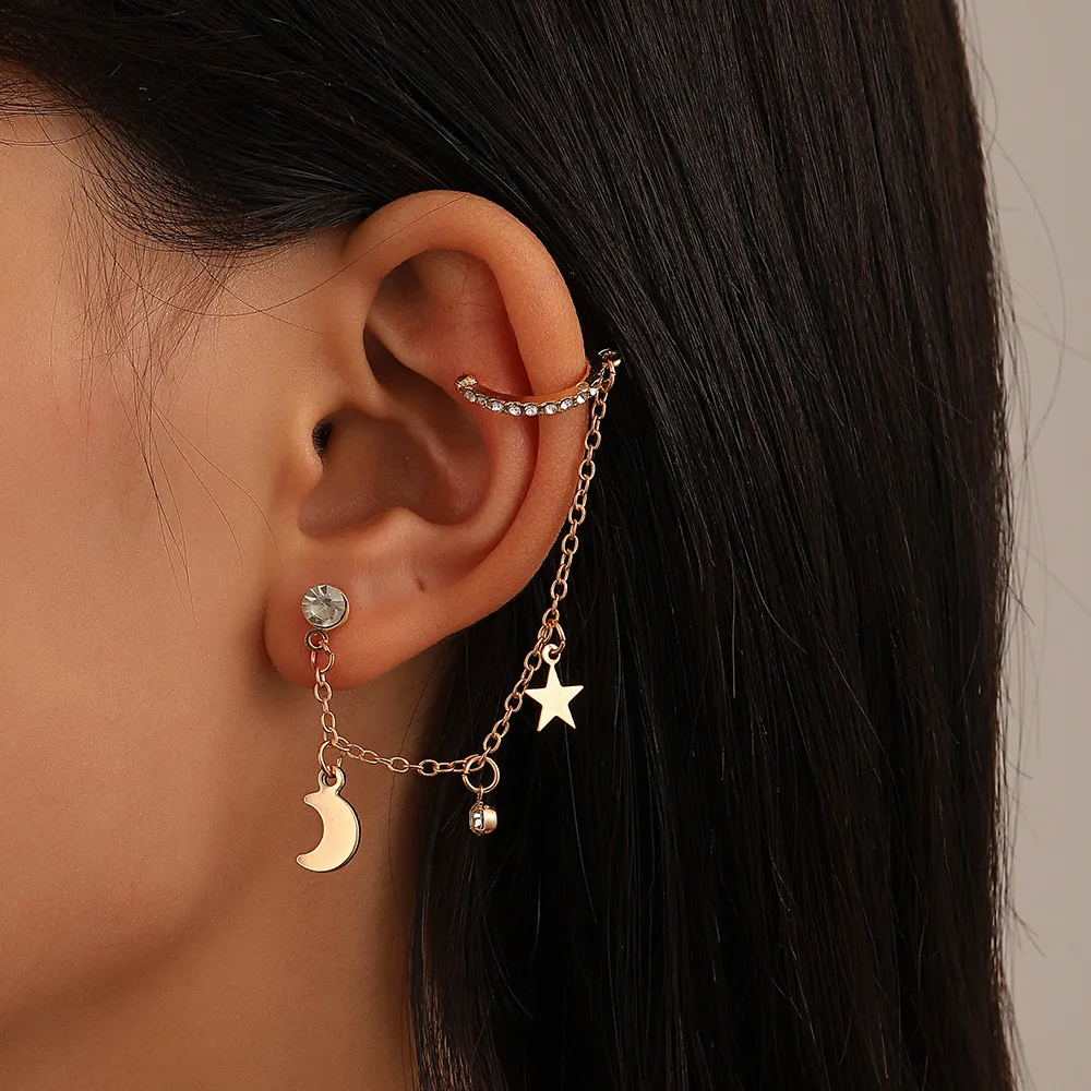 S3250 Fashion Jewelry Single Piece Ear Clip Moon Star Stud Earring Tassel Chain Geometric Earrings Ear Cuff