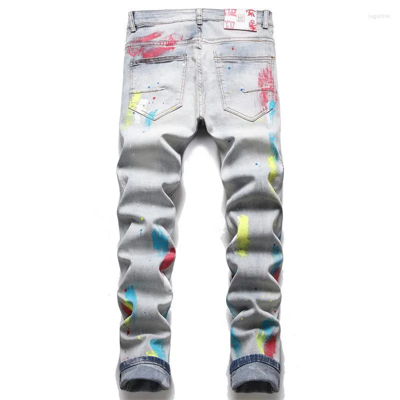 Men's Jeans Splash-ink Brush Paint Rainbow Ripped Trim Soft Cotton Stretch Season Light Blue Cat Whisker Label High Street Fa2165