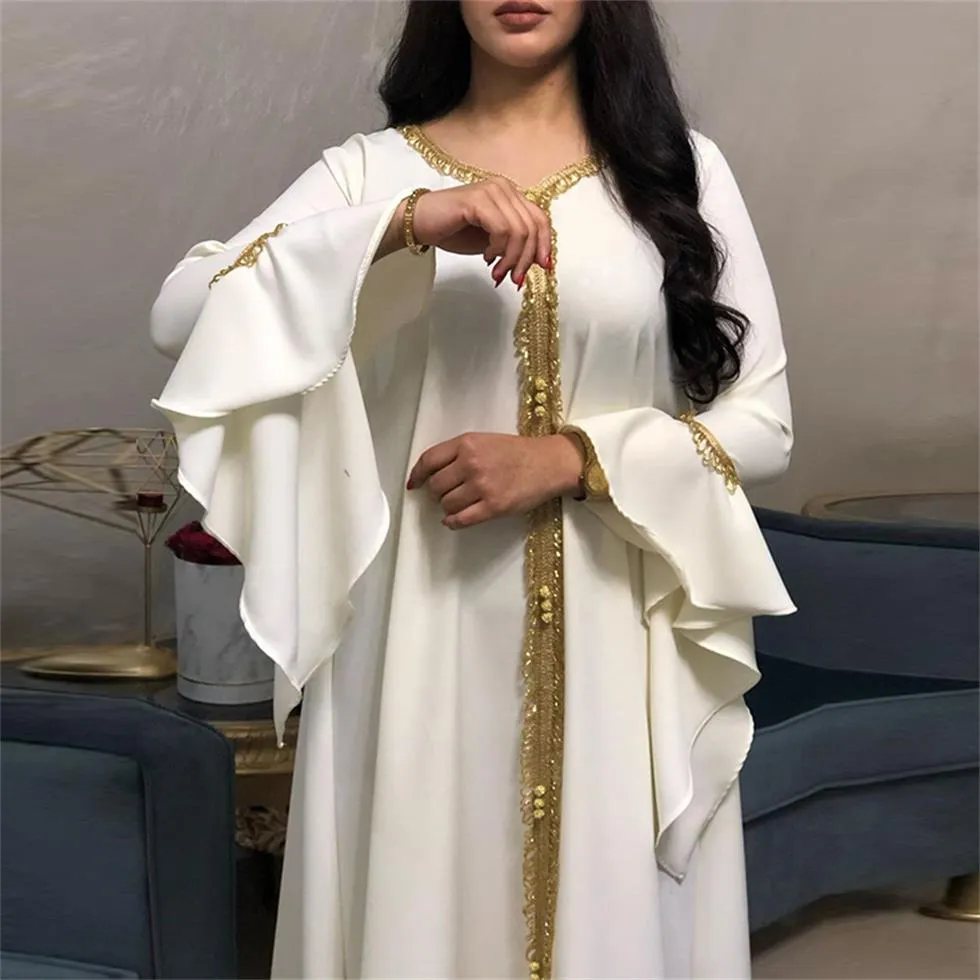 Muslimische besondere Anlässe Kleider Naher Osten Malaiische Rüschenhülle Stickerei Gold Spitzenkleid Jalabiya weibliche Party BT027