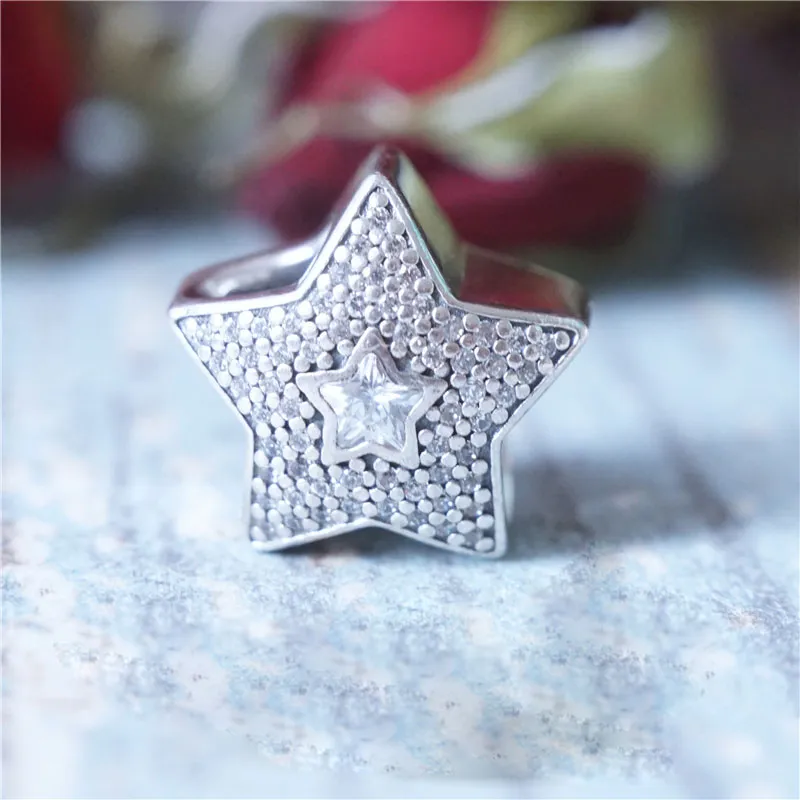 925 Sterling Silver Wishing Star med Clear CZ Charm Bead Fits European Pandora Style Jewel Charm Armband