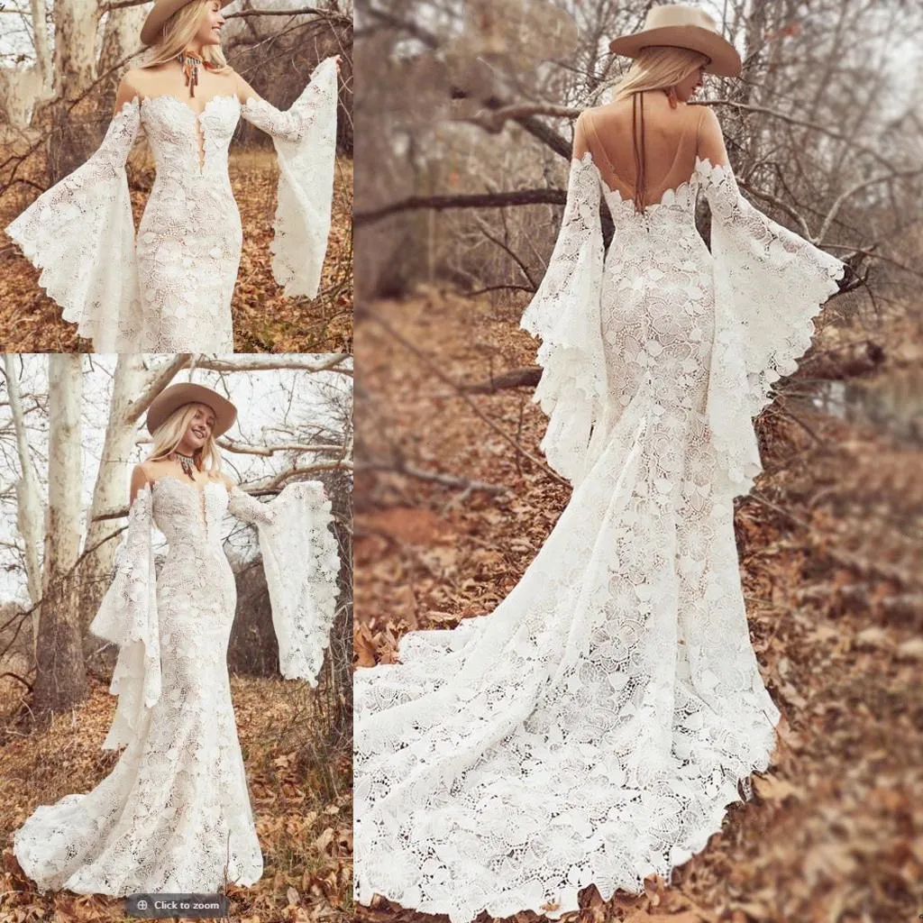 Abiti da sposa lunghi a maniche boho 2022 Sheer O-Neck Vintage Crochet in pizzo in pizzo bohémien hippie country abiti da sposa