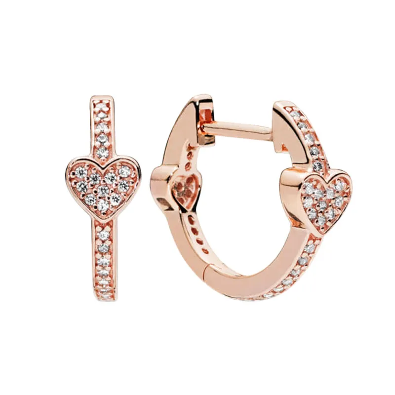 Rose Gold Pave Heart Hoop ￶rh￤ngen Kvinnor Girls Wedding Designer Jewelry with Original Box f￶r Pandora 925 Sterling Silver Love Hearts Earring Set