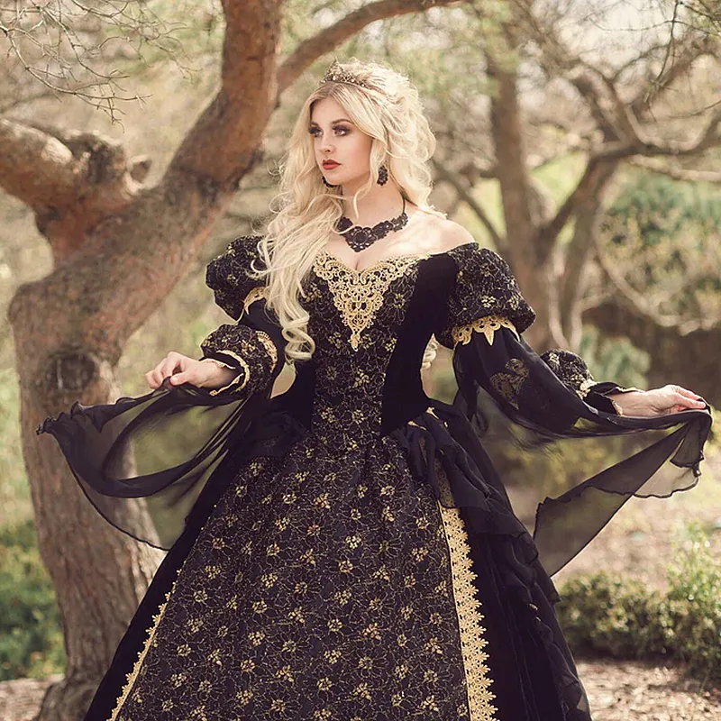 black and gold wedding dress Gothic Velvet Dress, Long Sleeve Lace Gown sleeve_sleeveless