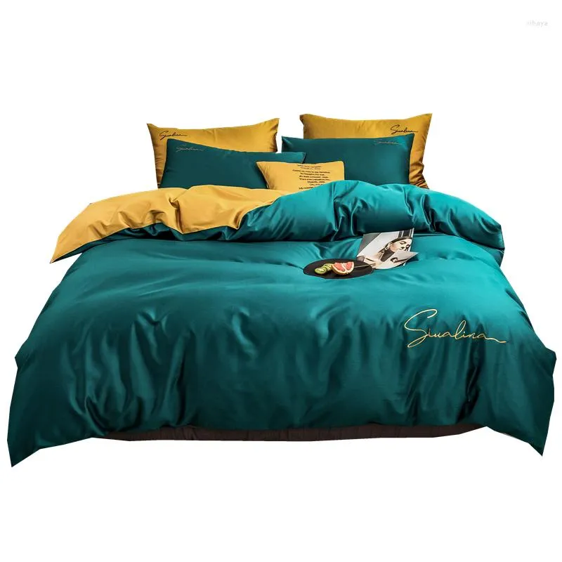 Bedding Sets 2022 Four-piece Simple Cotton Double Household Bed Sheet Quilt Cover Embroidered Piping Comfortable Green-yellow