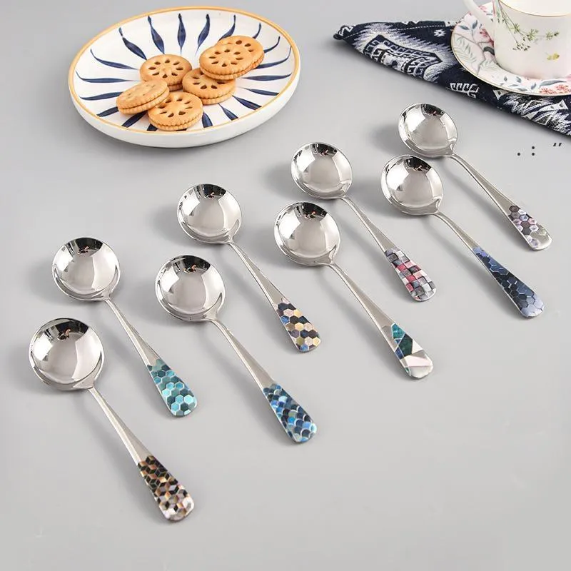 Round Head Soup Spoons Fashion Printing Pattern Short Handle Tablespoons Stainless Steel Dessert Tea Spoons Tableware BBB16157