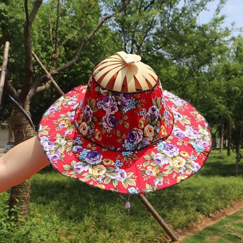 Wide Brim Hats Fashion Creative Folding Bamboo Fan Sun Hat Summer Casual Print Protection Women Outdoor Beach Caps