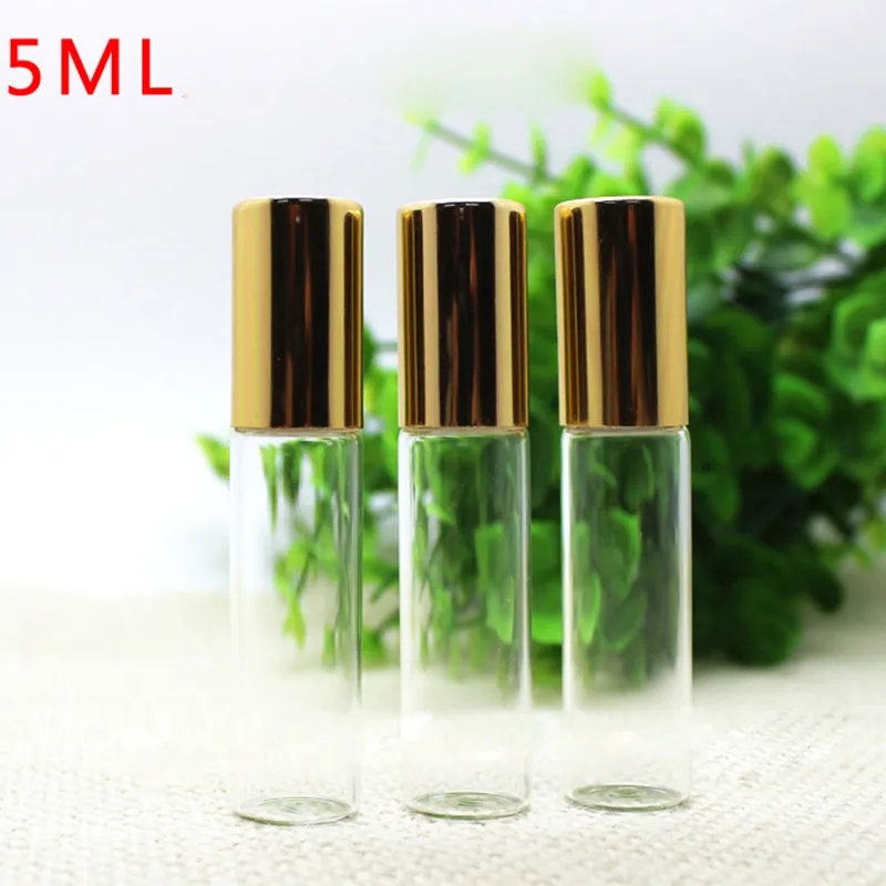 Bouchon doré 5ml, bouteille en verre, parfums, huiles essentielles, bouteilles de parfum avec boule roulante en métal/verre