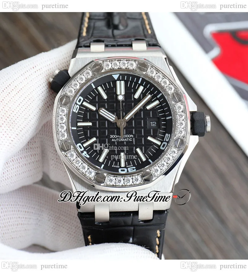Niestandardowy Moissanite Diamond Bezel A3120 Automatyczna męska zegarek 42 mm 1571 Czarna teksturowana wybór skórzany pasek z White Line Super Edition Watches Puretime B2