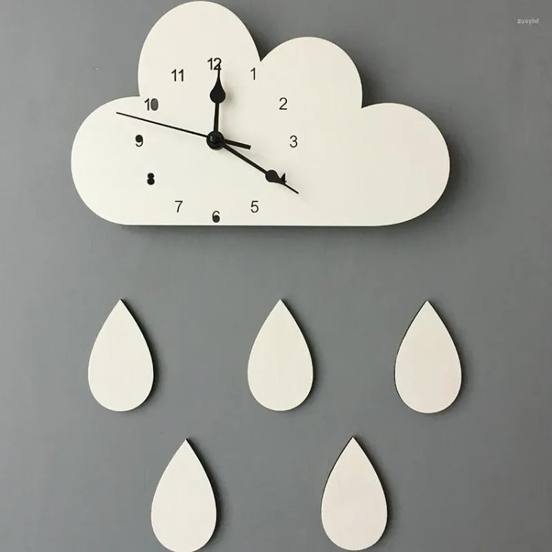 Horloges murales horloge en forme de nuage avec goutte d'eau bois suspendu enfants chambre maison décorative silencieuse chambre de bébé