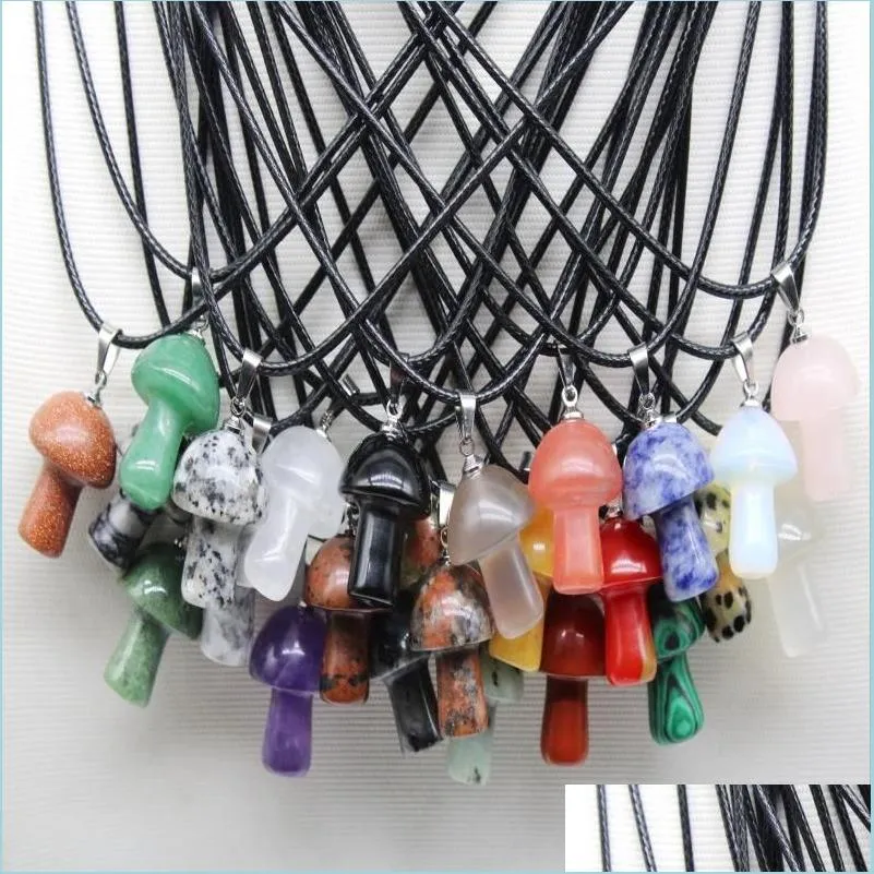 Pendant Necklaces Wholesale Carved Mushroom Natural Gem Stone Pendant Quartz Crystal Amethyst Tiger Eye Hand Charms For Diy Jewelry M Dh2J9