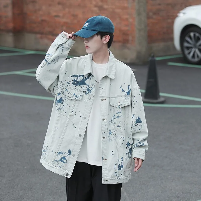 Mäns jackor Mens Tie Dye Jean Jacket för koreanska modetrender Streetwear Top Teenage Löst Fit White Denim Coats Overized Harajuku