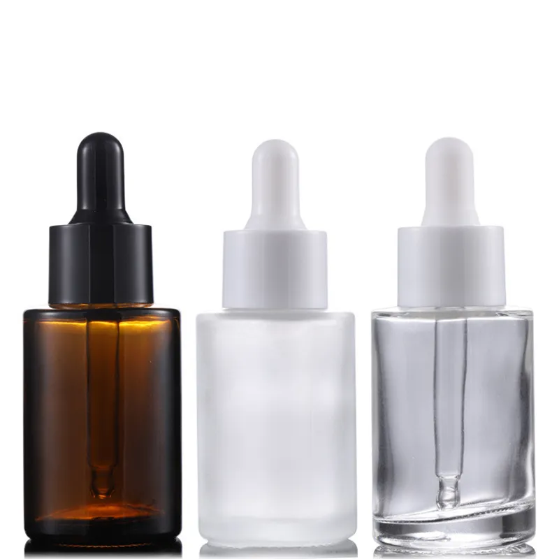 Packaging Bottles 30ml Flat Shoulder Frosted Clear Amber Glass Round Essential Oil Serum Bottle With Glass Dropper for Cosmetics Essence Bottles