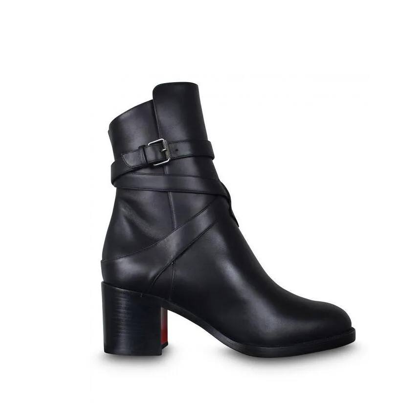 Mulher botas de tornozelo ladys preto bezerro couro genuíno bota curta para mulher estilo karistrap salto alto bloco tornozelo-botas com alças