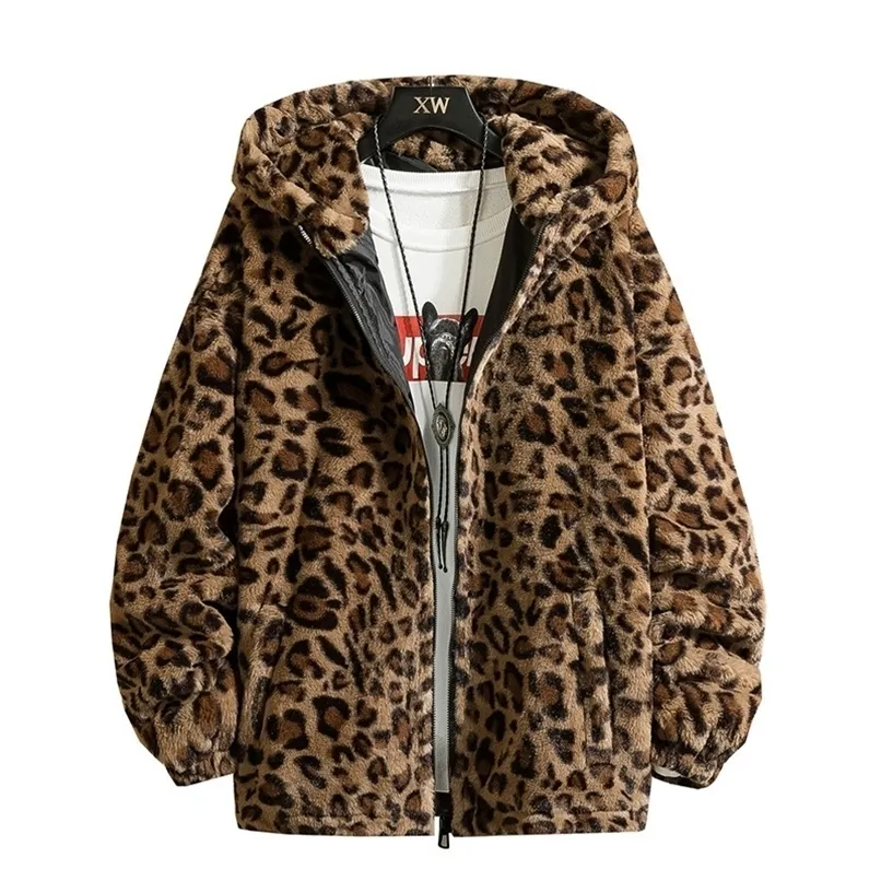 Chaquetas para hombre, abrigo de invierno con estampado de leopardo, forro polar de doble cara, moda informal coreana, algodón grueso suelto con capucha 221008