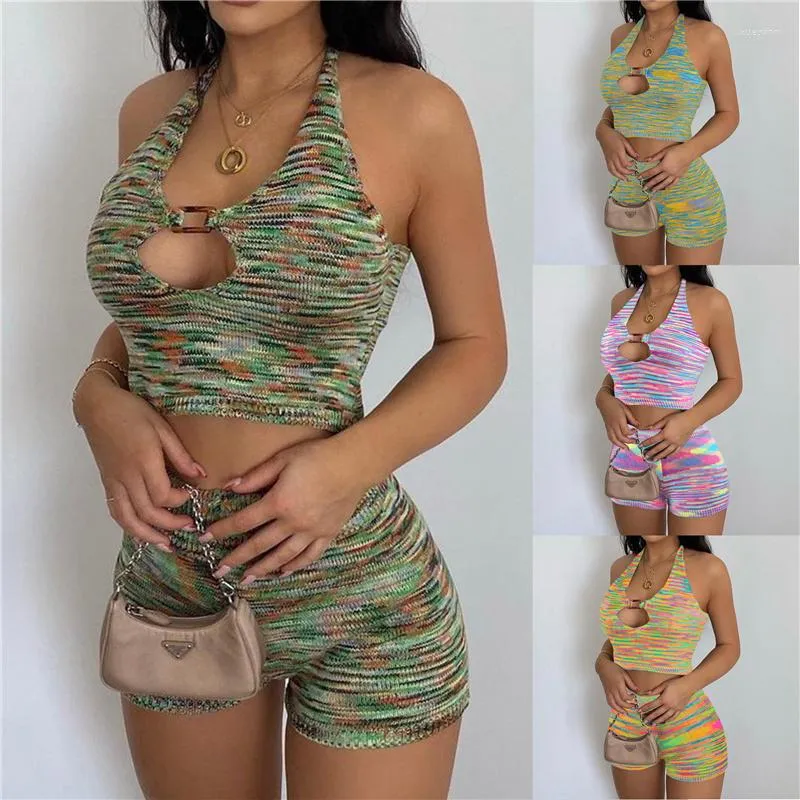 Women's Tracksuits Casual Women Knitted Tracksuit Tie Dye Short Skirt Set Summer Halter Skinny Tops And Mini High Waist Two Piece