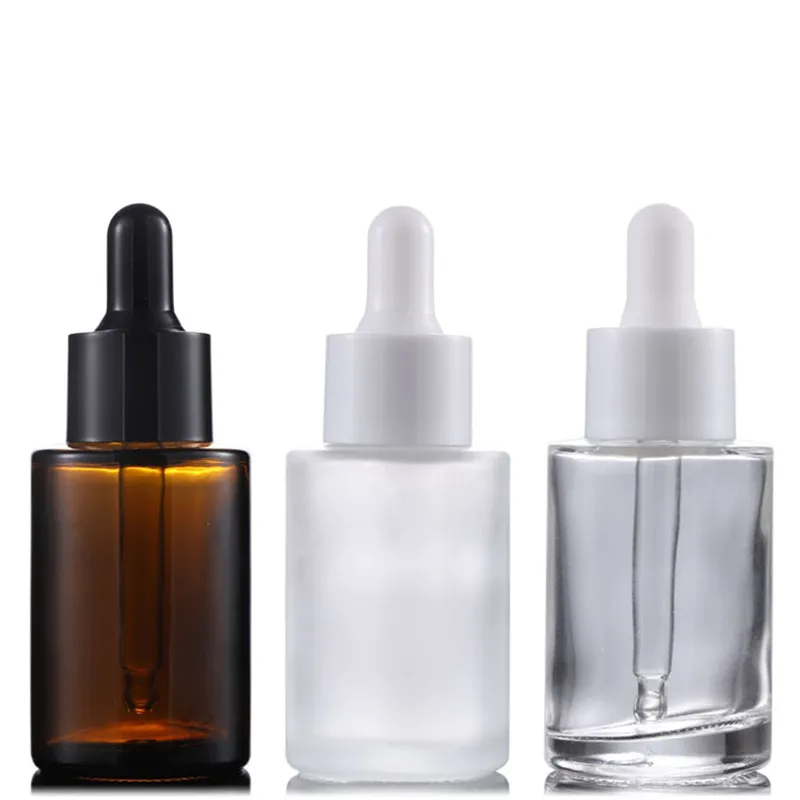Wholesale Packaging Bottles 30ml Flat Shoulder Frosted Clear Amber Glass Round Essential Oil Serum Bottle With Glass Dropper for Cosmetics Essence Bottles