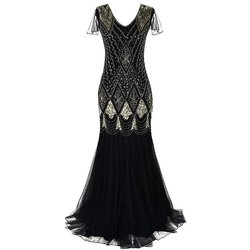Платья 2022 Женщины 1920-х годов Great Gatsby Dress Long 20S платье для заслонки винтаж V шея с коротким рукавом макси-платье для вечеринки для выпускного коктейля S-xl