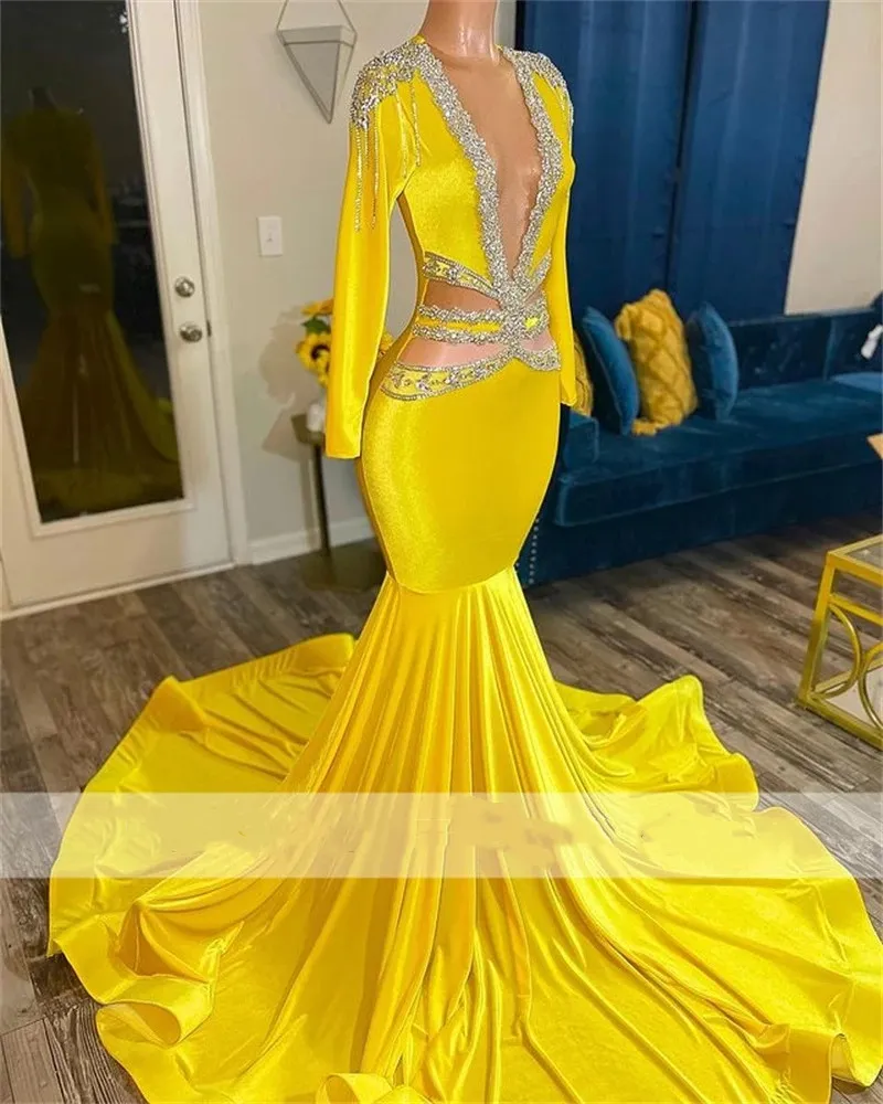 Yellow Veet Mermaid Prom Dress With Sheer Neckline, Beaded Crystal