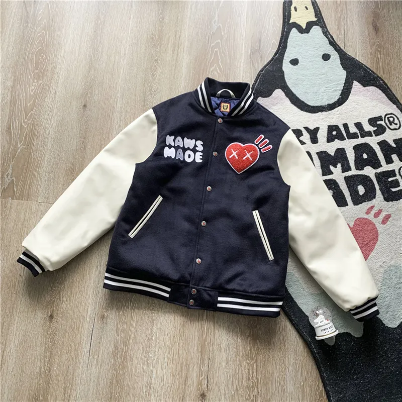 Men`s Jackets Human Made Varsity Jacket Sheep Embroidery Leather Sleeve Men`s Women`s Baseball Jacket 221010