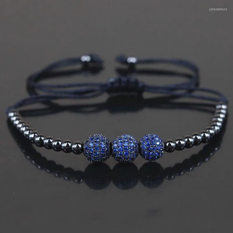 Bracelets porte-bonheur marque hommes 8mm Micro pavé bleu CZ perles 4mm boule ronde noire cuivre tressage macramé Bracelet bijoux cadeau