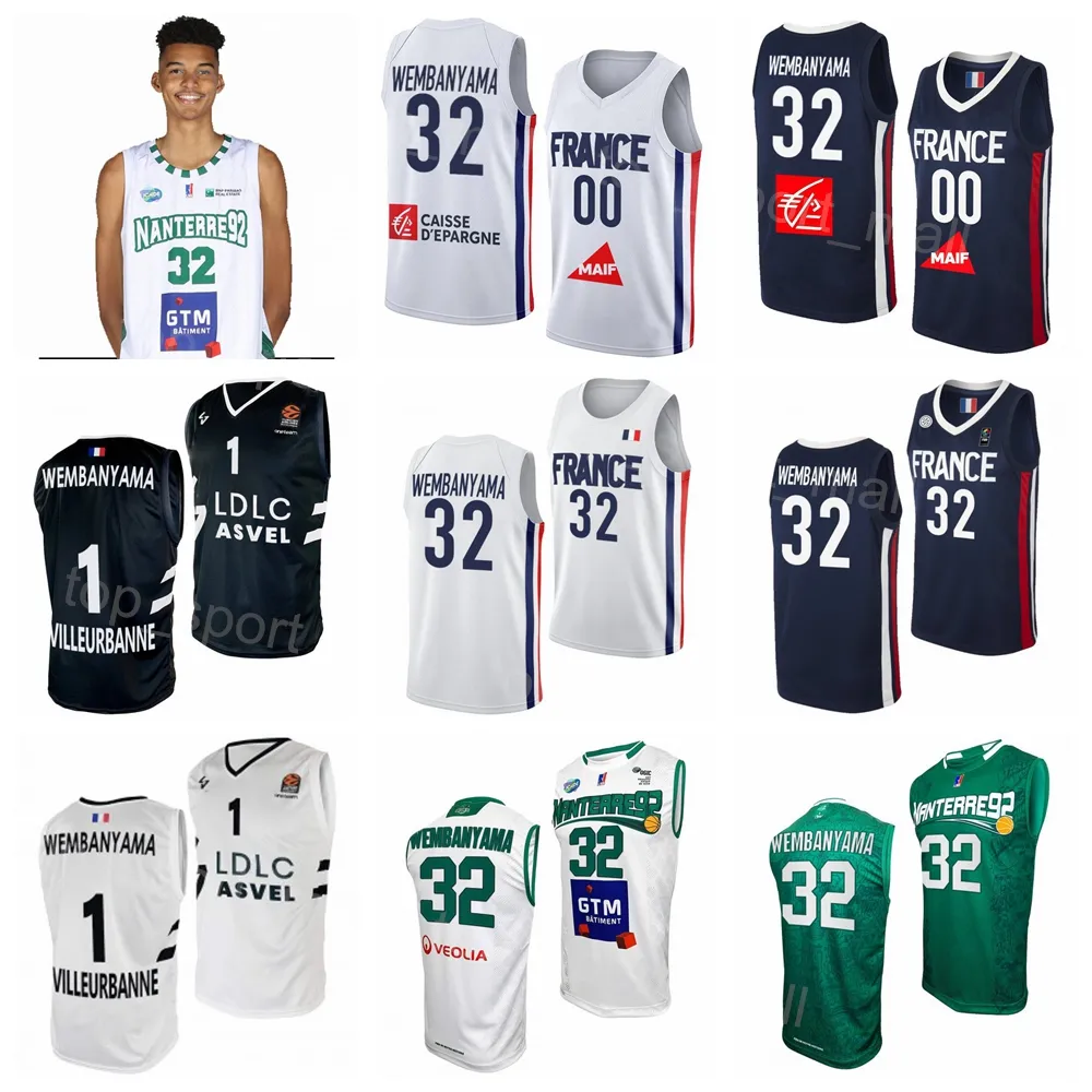 Bedrucktes Basketball-Trikot Nanterre 92 Team Maillot 32 Victor Wembanyama LDLC ASVEL National Frankreich U19 Farbe Marineblau Weiß Grün Schwarz Für Sportfans Atmungsaktiv