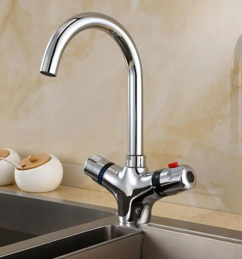 Rubinetti da cucina Rubinetto per lavabo termostatico in ottone massiccio montato su piattaforma rotante 360 Finitura cromata Doppia maniglia Freddo e acqua