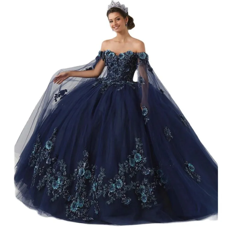 Quinceanera Dresses Navy Blue 3D Flower Aptliques甘い16ドレスケープスリーブプラスサイズメキシコの女の子Vestidos de xv anos