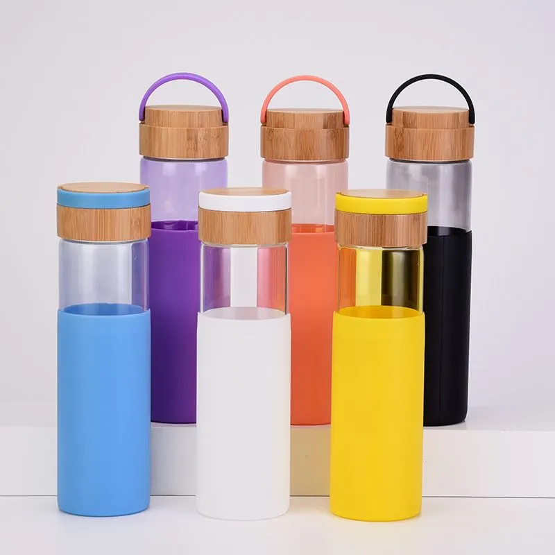 Colorful Portable Handle Tumblers 500ml 17oz Glass Water Bottle Drinking Tumbler Cups Insulated Bamboo Lids and Silicone Protective Sleeve BPA Free