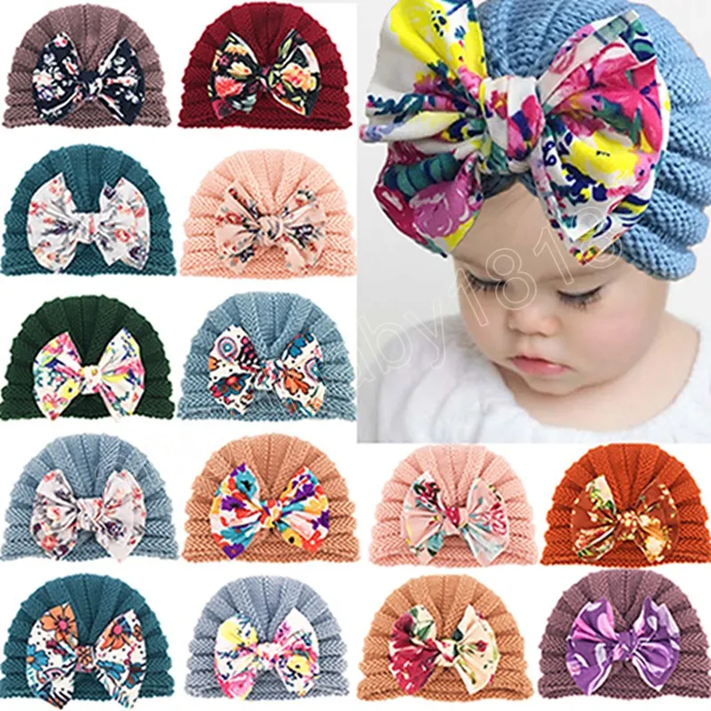 Newborn Soft Warm Knitting Wool Caps Fashion Print Bowknot Baby Beanie Hats Striped Headwear Birthday Gifts Photo Props
