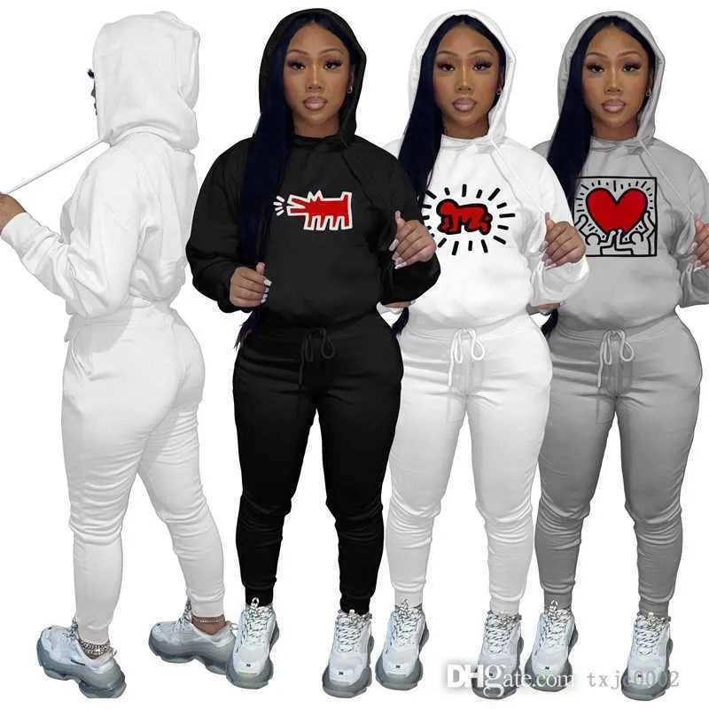 2022 Sonbahar Kış Kadınlar Spor Takipleri Sweatlesuit Sweater Takım Moda Grafik Kazak Hoodie ve Jogger Pants 2 Parça Set