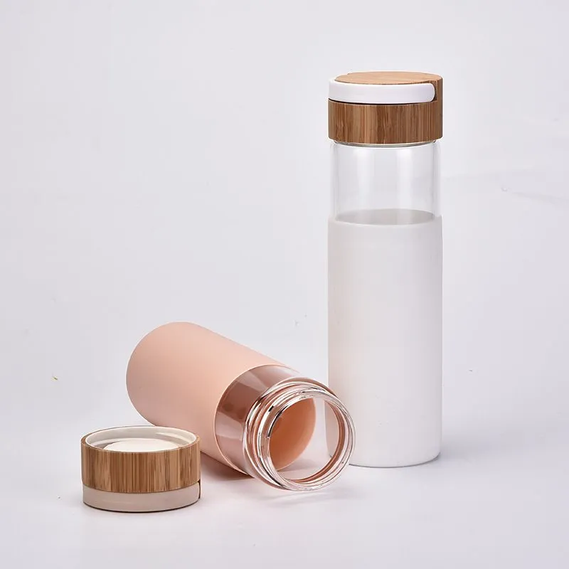 Colorful Portable Handle Tumblers 500ml 17oz Glass Water Bottle Drinking Tumbler Cups Insulated Bamboo Lids and Silicone Protective Sleeve BPA Free