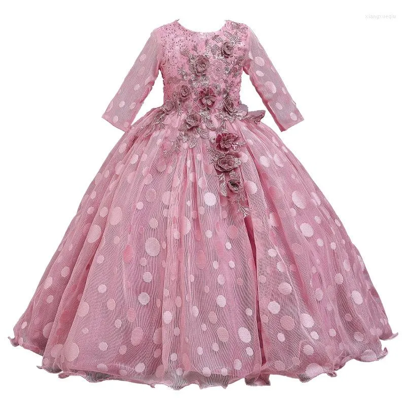 Mädchen Kleider Kinder Herbst Und Winter Langarm Polka Dot Mädchen Kleid Blumen Verziert Britische Prinzessin