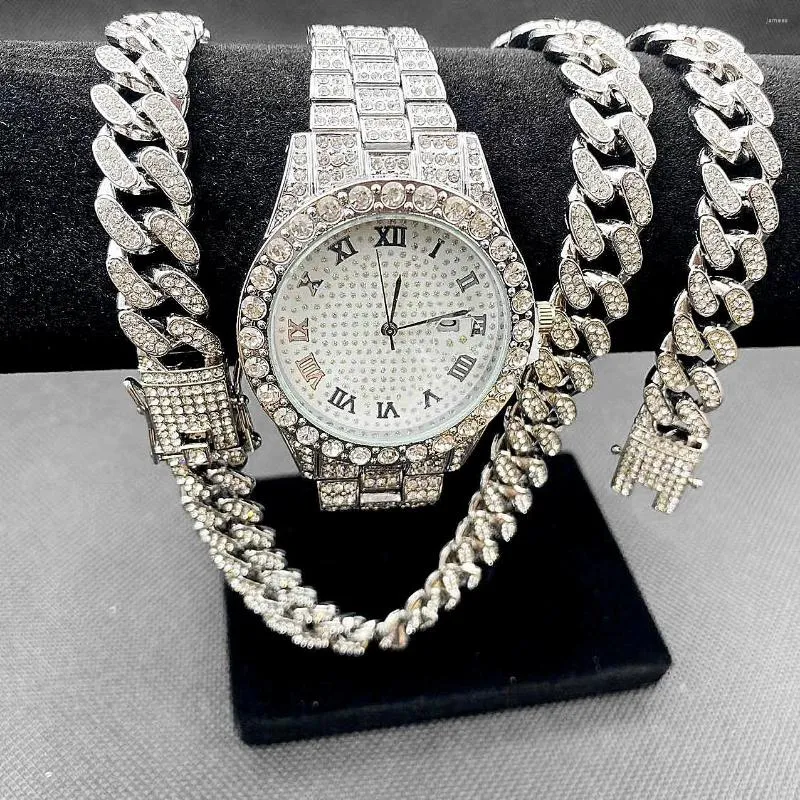 Catene 3 pezzi gioielli hip hop per uomo donna ragazzi orologio ghiacciato collana braccialetto diamante bling catena cubana girocollo oro set gioielli goth