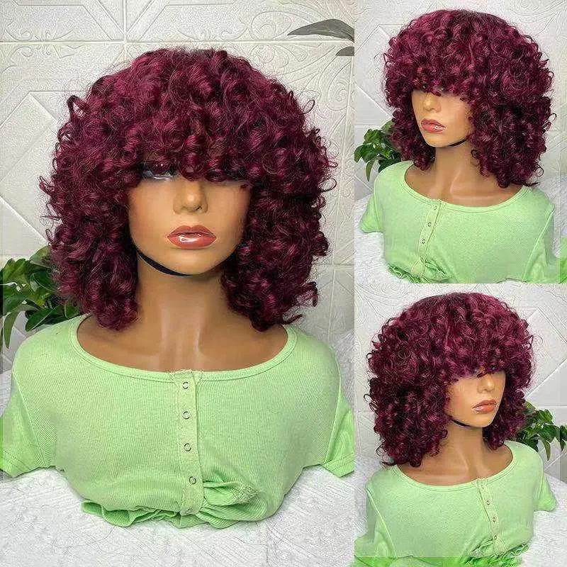 Synthetic Wigs New fashion small curly female wig hand winding rod fluffy explosion chemical fiber high temperature silk wine red headgear 221010