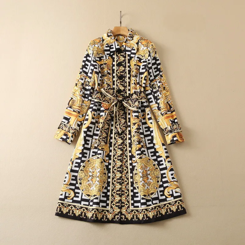 2022 Autumn Notched-Lapel Paisley Print Belted Trench Coat Black / Ivory Long Sleeve Buttons Single-Breasted Long Outwear Coats S2O08CT XXL