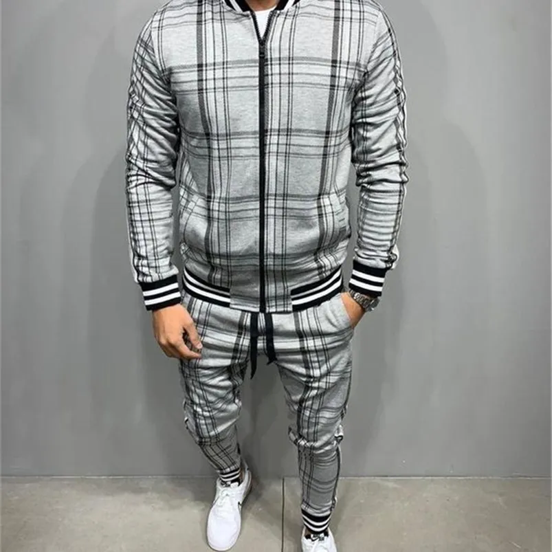 Men's Tracksuits Plaid Printed Loose Suit Couple Clothes Fashion Grey Fullset Black Pink Faded Full Set 221008