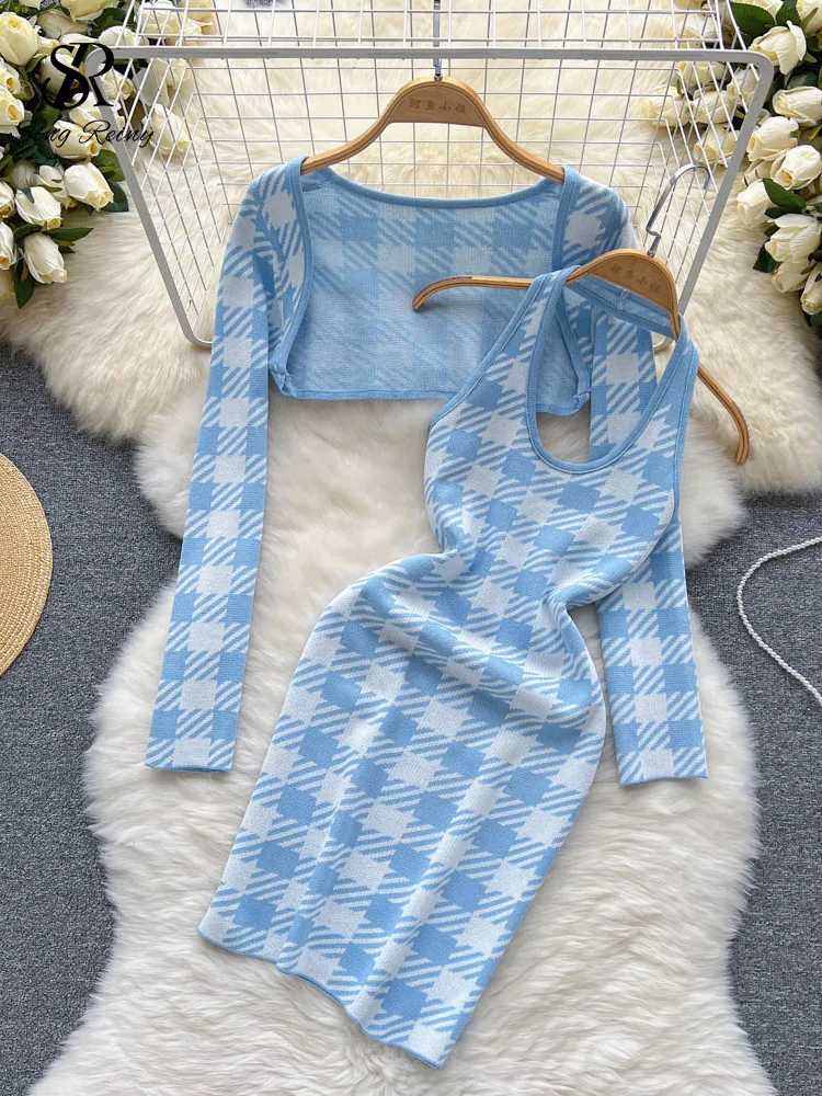 Two Piece Dress SINGREINY Ladies Plaid Knitted Sets Halter Bodycon Short Dress Knit Cardigan Mini Coat Women Fashion Sexy Pieces Suits 221010