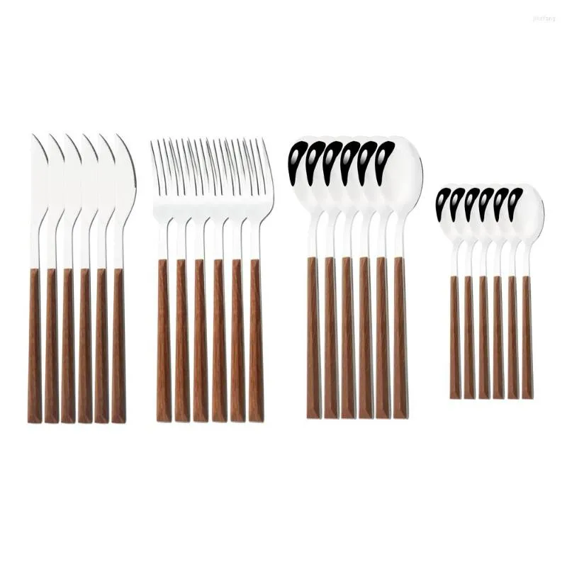 Dinnerware Sets 24pcs Kitchen Cutlery Set Utensils Stainless Steel Fork Spoons Knife Tableware Imitation Wooden Handle Silverware