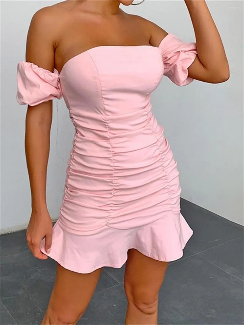 Casual Dresses Pink Sexy Women Dress For Evening Party High Waist Slim Off The Shoulder Female Bodycon Backless Sleeveless Femme Robe