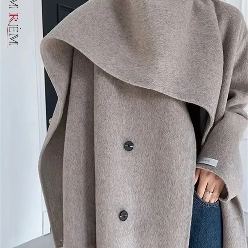 Women's Wool Blends LANMREM Autumn And Winter Shawl Scarf Collar Double-breasted Solid Color Double-sided Woolen Belt Coats 2R4921 221010