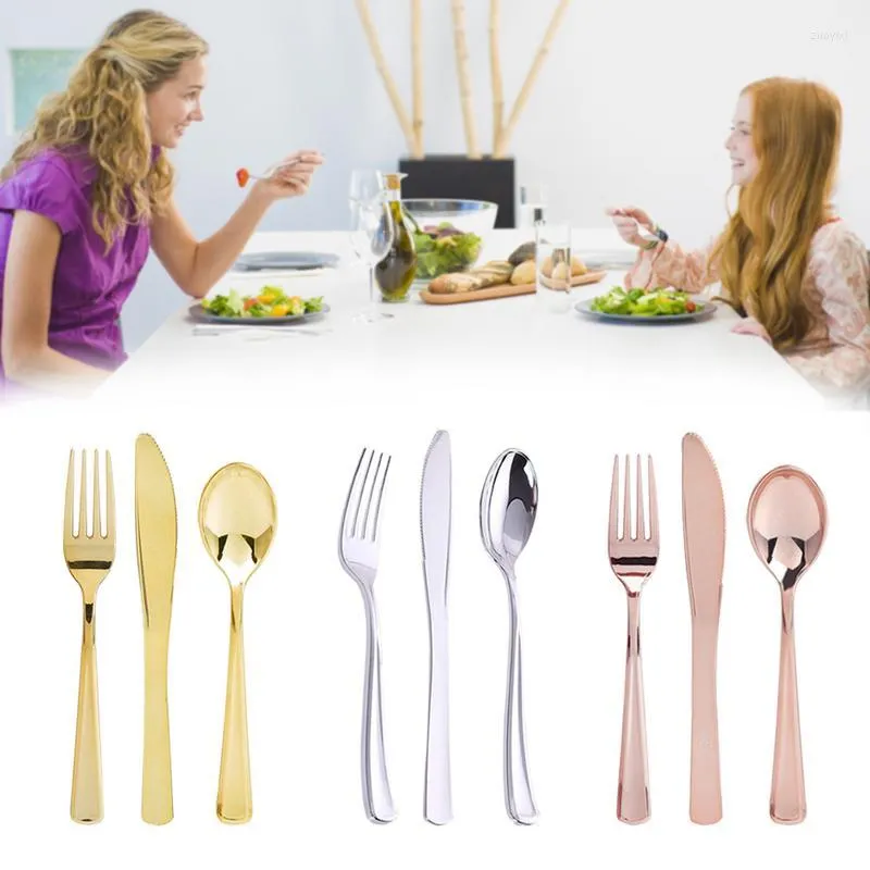 Dinnerware Sets 12pcs Disposable Plastic Cutlery Party Supplies Rose Gold Knife Fork Spoon Wedding Birthday High Quality Tableware Set Combo