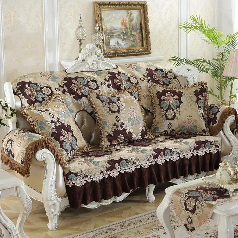 Housses De Chaise Européenne Rétro Chenille Dentelle Pour Canapés 1 2 3 4 Places En Cuir Floral Canapé Housse Protecteur Housse De Fauteuil Antidérapant