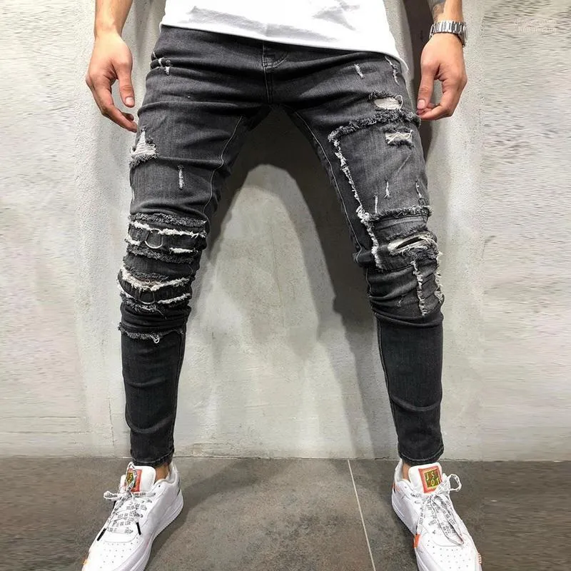 Mäns jeans 2022 Mäns rippade mager denims blixtlås Slim Fit Stretch Biker Pants med hål i full längdfickor